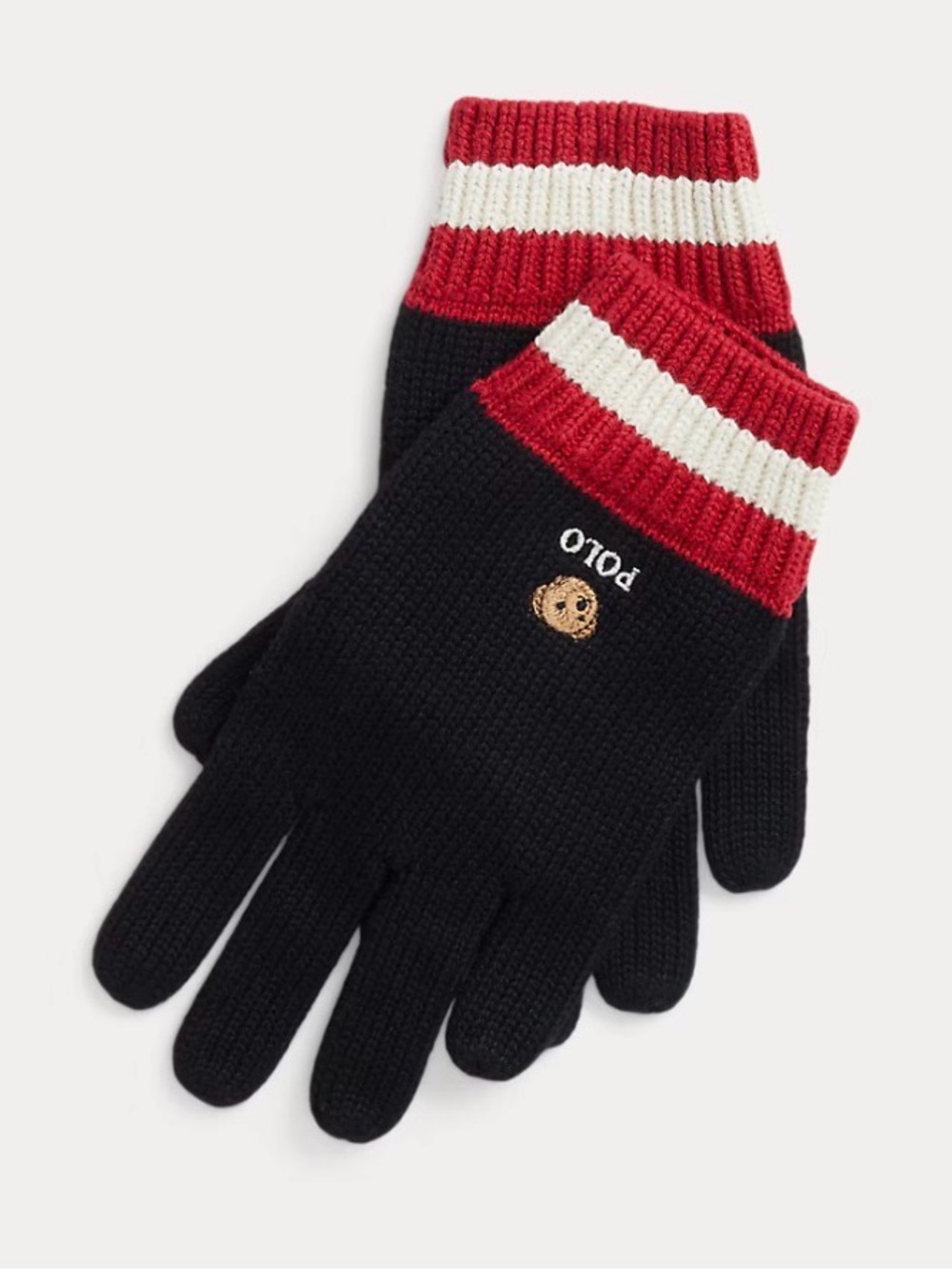 Polo by Ralph Lauren Black Knit Kids Gloves with Polo Bear and Stripe Cuff